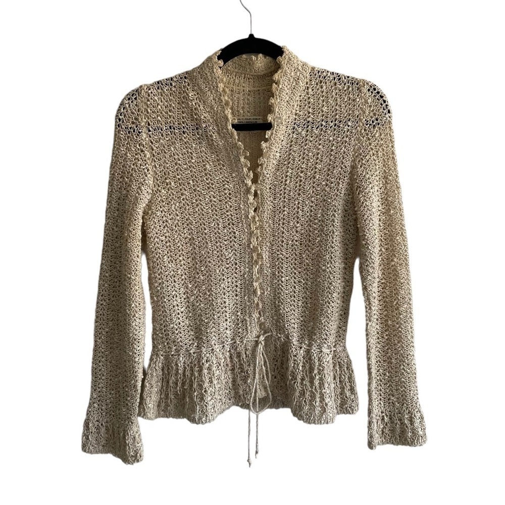 PALLAS Tan Irish Linen Button Front Cardigan Sweater XS